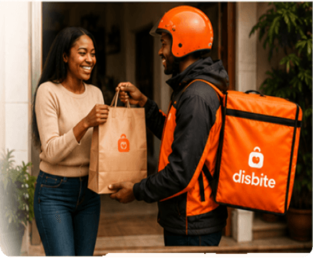 Disbite delivery rider handing food bag to customer